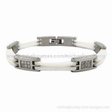 Stainless Steel Bracelets with 24pcs of CZ Stones and White Ceramic, Popular and Fashionable